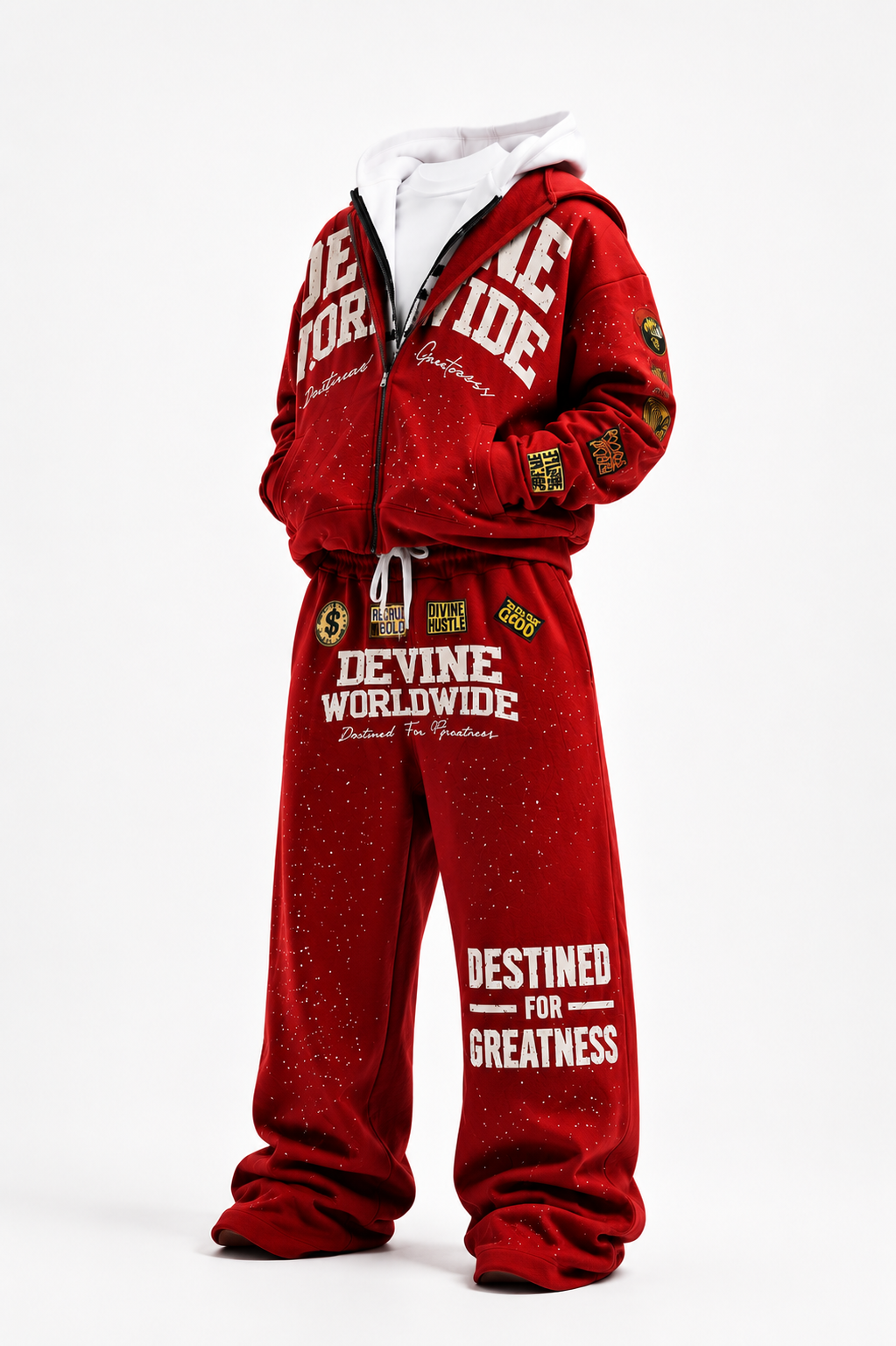 Devine Worldwide Destined For Greatness red tracksuit with embroidery and wide-leg joggers